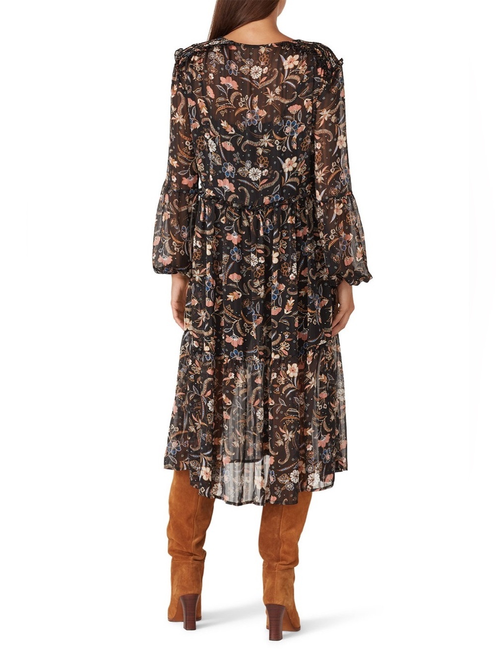Floral Tiered Long-Sleeve Midi Dress in Black - Picture 2 of 10